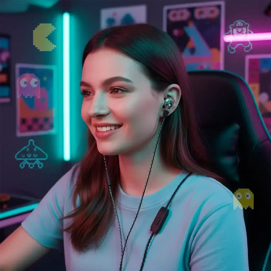 Smiling young woman wearing wired gaming earphones in neon-lit room with retro video game posters