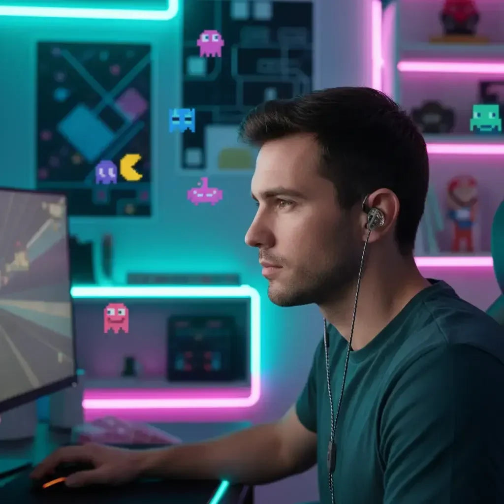 Focused young man gaming with in-ear headphones in neon-lit room with retro arcade decor