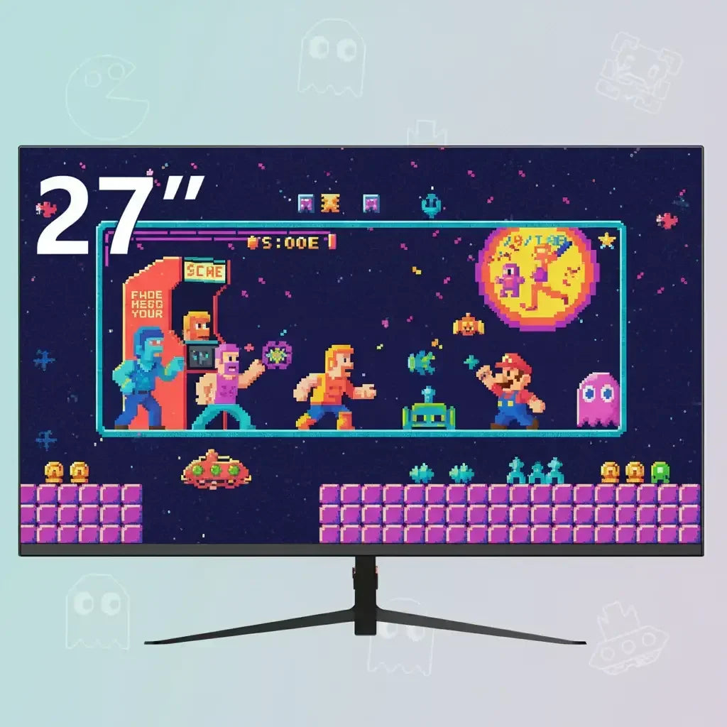 27-inch gaming monitor displaying colorful retro pixel video game characters and arcade graphics