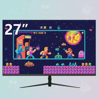 27-inch gaming monitor displaying colorful retro pixel video game characters and arcade graphics
