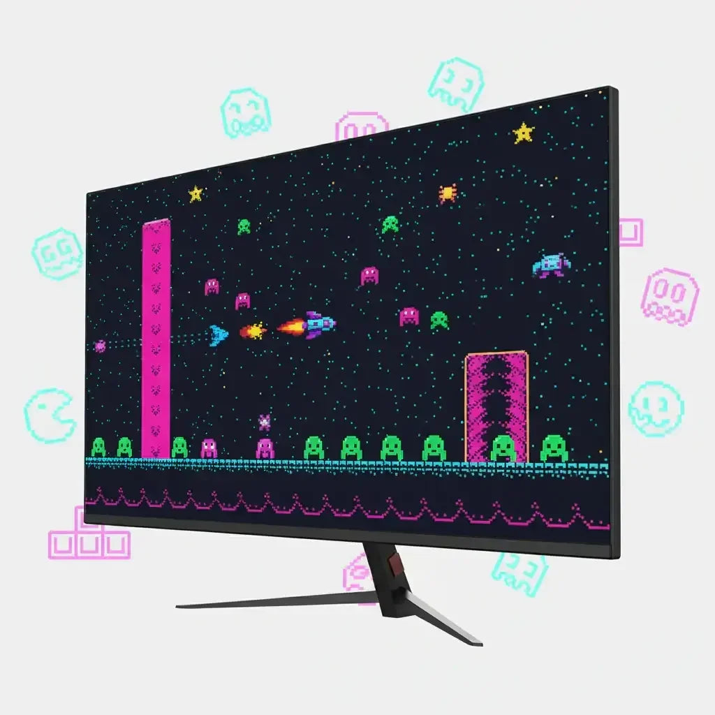 Gaming monitor displaying pixel art space shooter with colorful retro arcade graphics