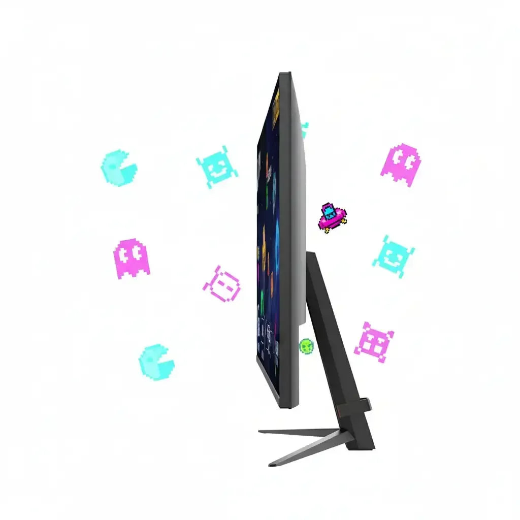 Slim gaming monitor side view with pixel art game characters on white background