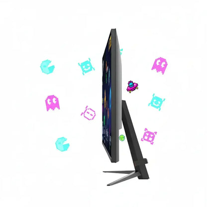 Slim gaming monitor side view with pixel art game characters on white background