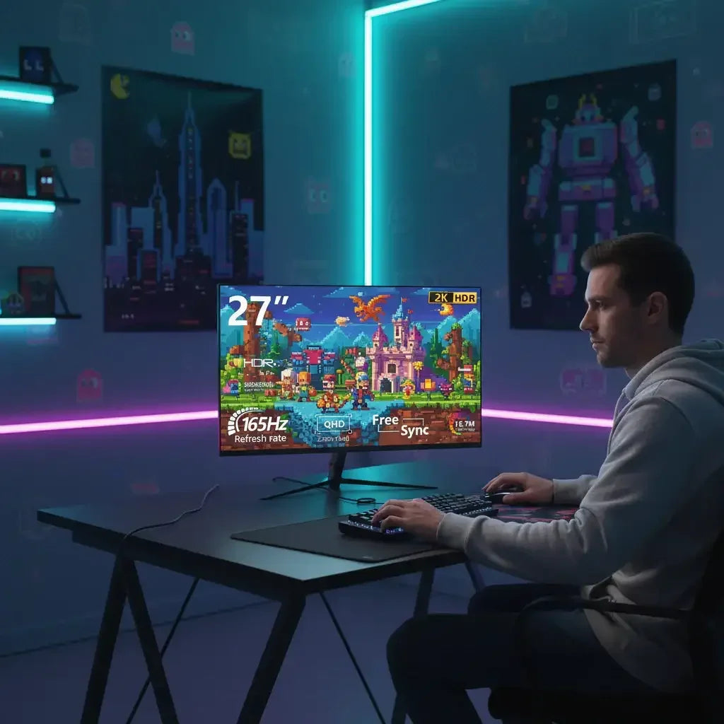 Man gaming at desk with 27-inch 2K HDR monitor in neon-lit modern room