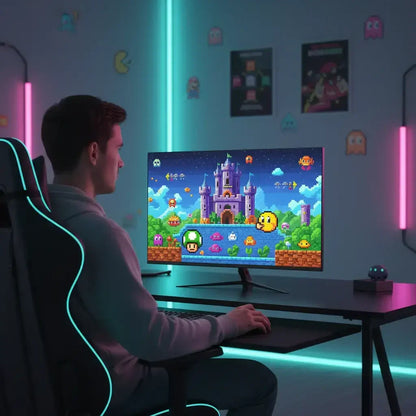 Gamer at RGB-lit desk playing retro pixel art video game on monitor in neon gaming room