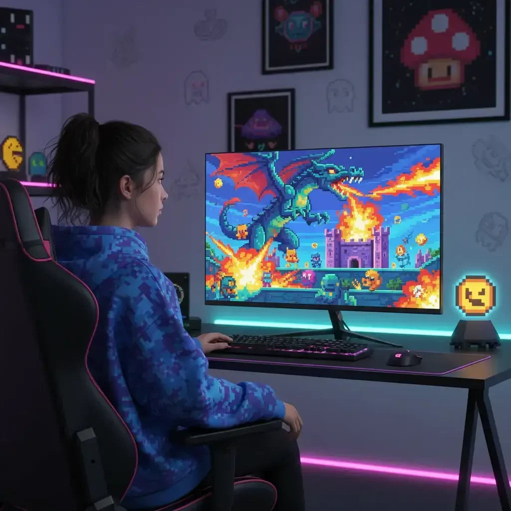 Girl gaming at RGB-lit desk with pixel art dragon video game on monitor, gaming room decor