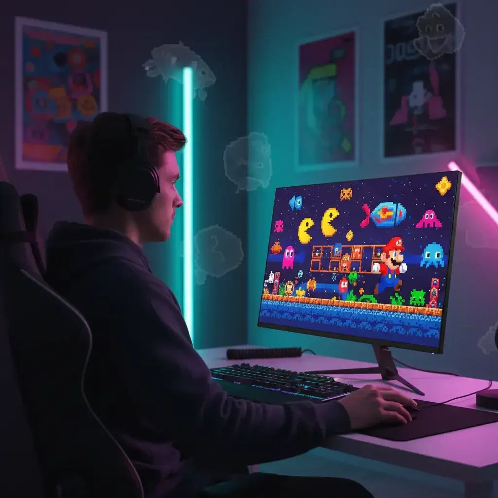 Gamer at RGB-lit desk playing retro arcade video game on monitor in neon gaming room
