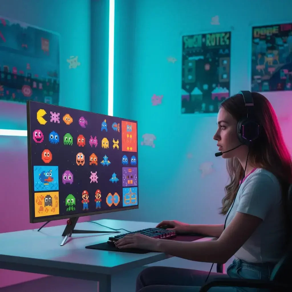 Woman gaming at computer desk with retro pixel art video game characters on screen