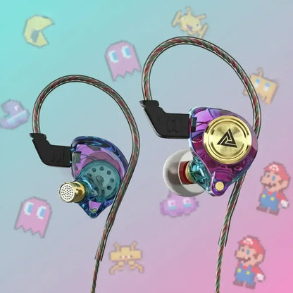 Colorful wired gaming earphones with transparent shells on a retro video game background