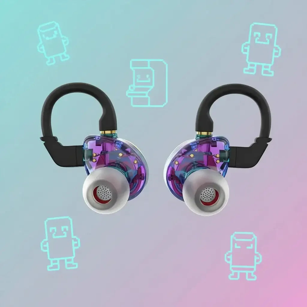 Colorful transparent wireless earbuds with ear hooks, set against a pastel background with pixel art icons.