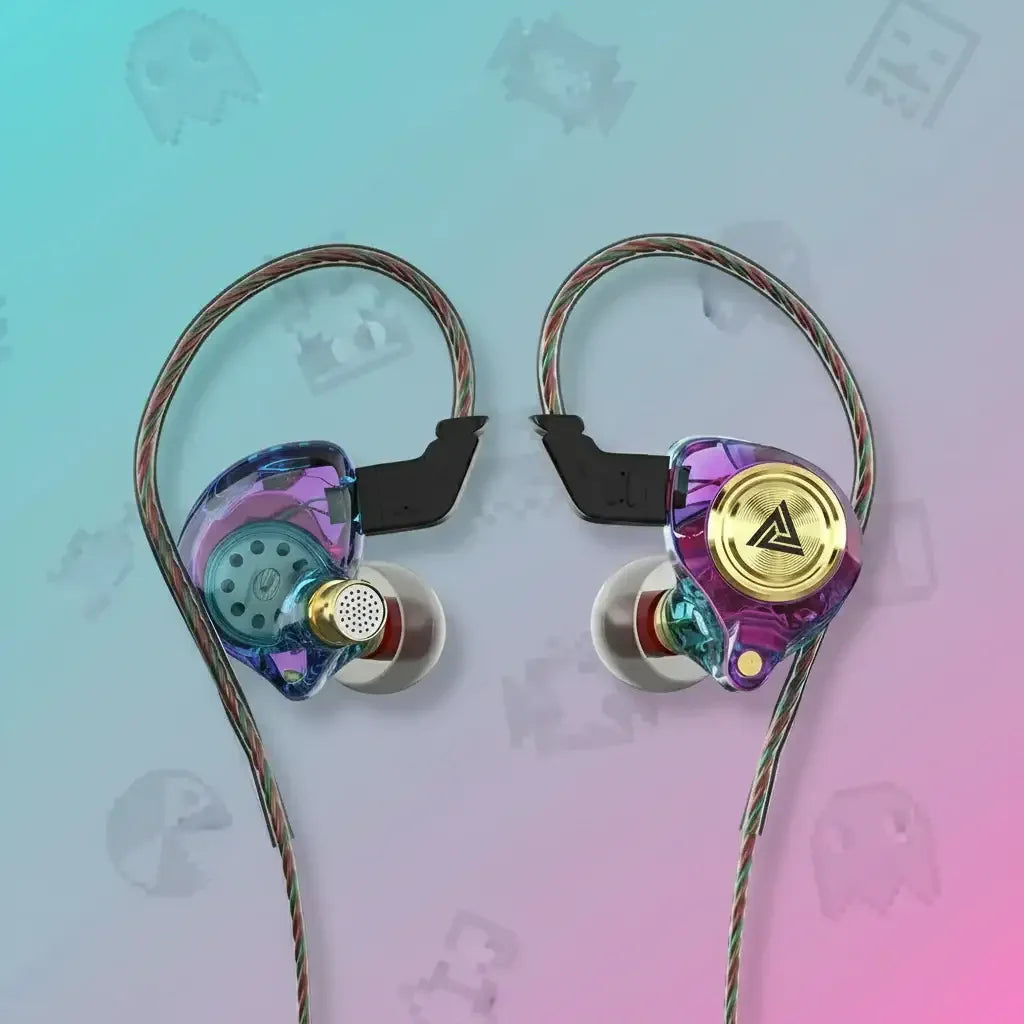 Colorful wired in-ear earphones with gold accents on a pastel gradient background