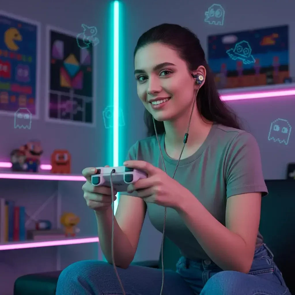 Smiling woman gaming with earbuds and controller in neon-lit retro gaming room