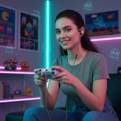 Smiling woman gaming with earbuds and controller in neon-lit retro gaming room