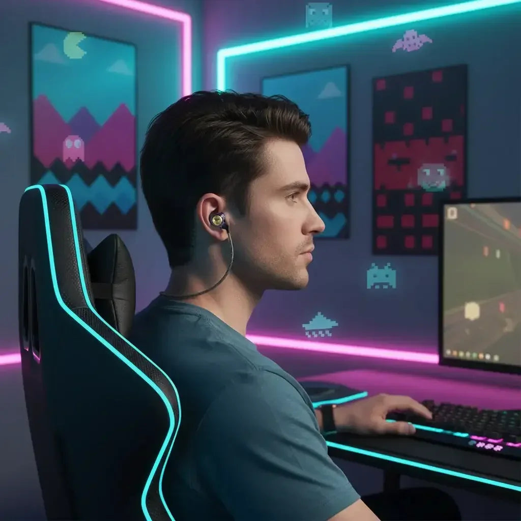 Gamer using headphones at RGB gaming setup with neon lights and pixel art decor