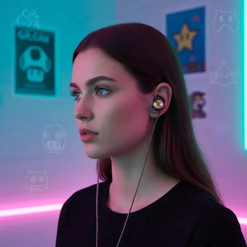 Woman wearing gaming earbuds in a neon-lit room with retro game posters on the wall