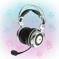 VR-branded silver and black gaming headset with boom microphone on pastel background with retro pixel game characters