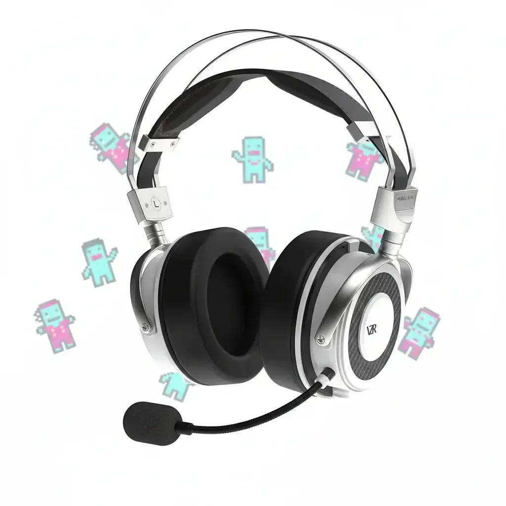 Silver and black gaming headset with padded earcups and adjustable microphone, floating pixelated characters