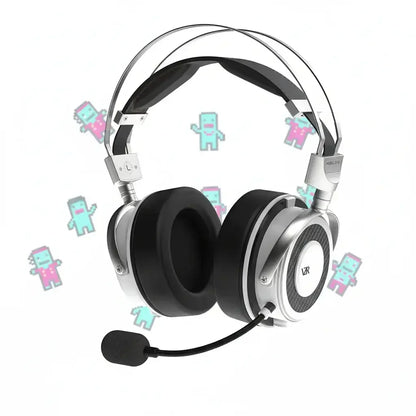Silver and black gaming headset with padded earcups and adjustable microphone, floating pixelated characters