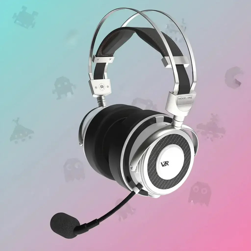 Silver and black gaming headset with microphone, Model One branding, and retro pixel characters background