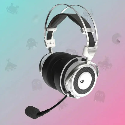 Silver and black gaming headset with microphone, Model One branding, and retro pixel characters background