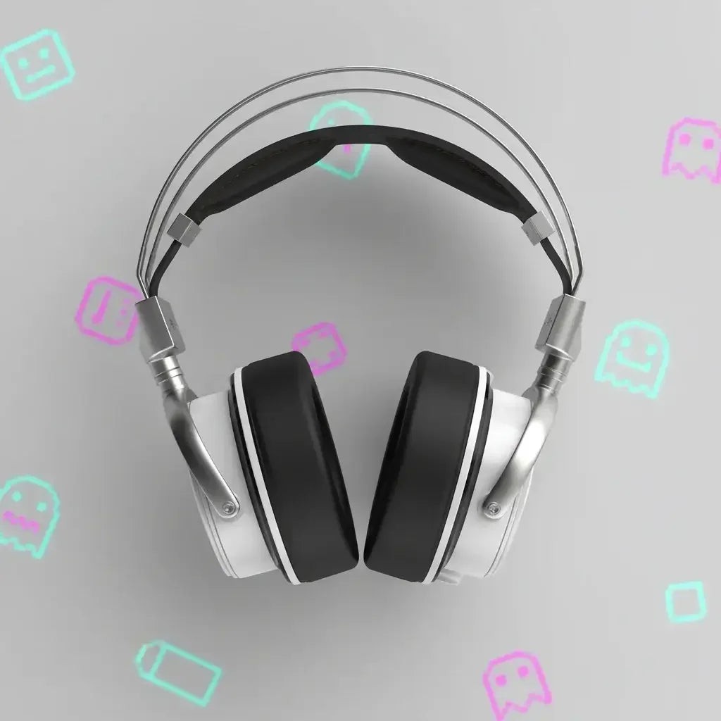 Over-ear silver and black gaming headphones on gray background with retro neon gaming icons