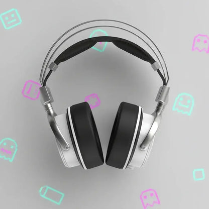 Over-ear silver and black gaming headphones on gray background with retro neon gaming icons