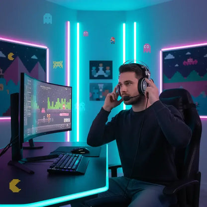 Man wearing gaming headset at RGB-lit curved monitor desk with pixel art and neon lighting background