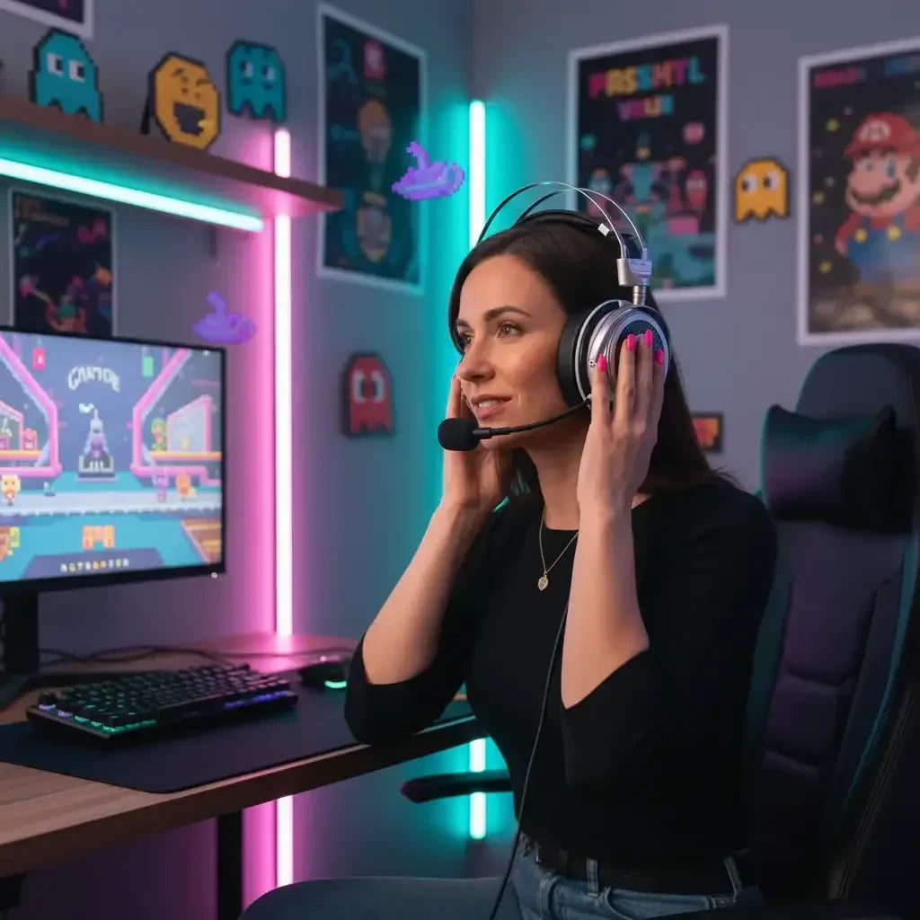 Woman gamer wearing headset in RGB-lit retro gaming room with pixel art and arcade posters