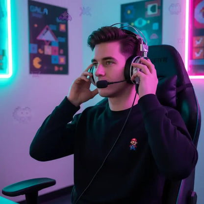Gamer wearing headset with microphone, sitting in gaming chair in neon-lit room with retro gaming posters