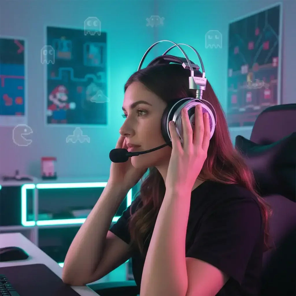 Gamer woman wearing a headset with microphone in retro gaming-themed room with LED lights