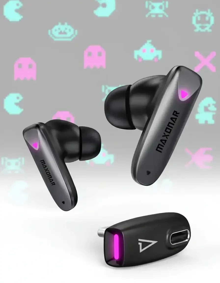 Maxonar wireless earbuds and dongle with LED lights, retro gaming icons background