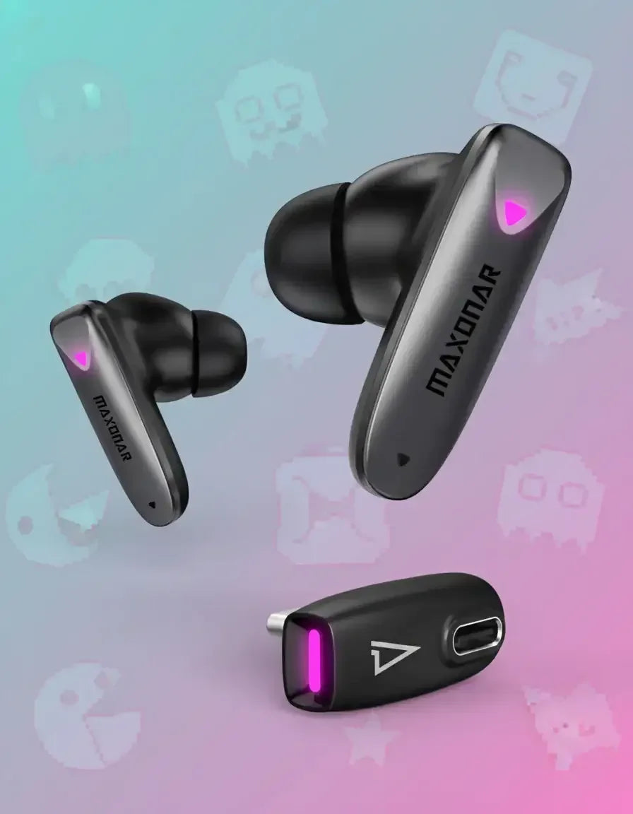 MAXONAR wireless gaming earbuds and USB-C dongle on a pastel background with pixel icons