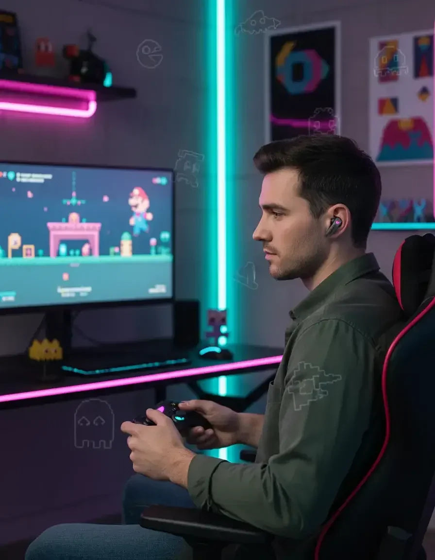 Man gaming at a neon-lit desk with a controller, playing a retro video game on monitor