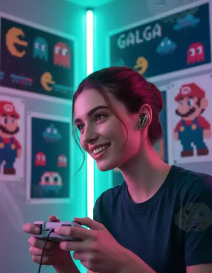 Woman gaming with controller in neon room decorated with retro video game posters