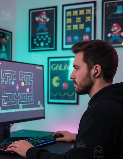 Man gaming at computer with retro arcade posters and neon lighting