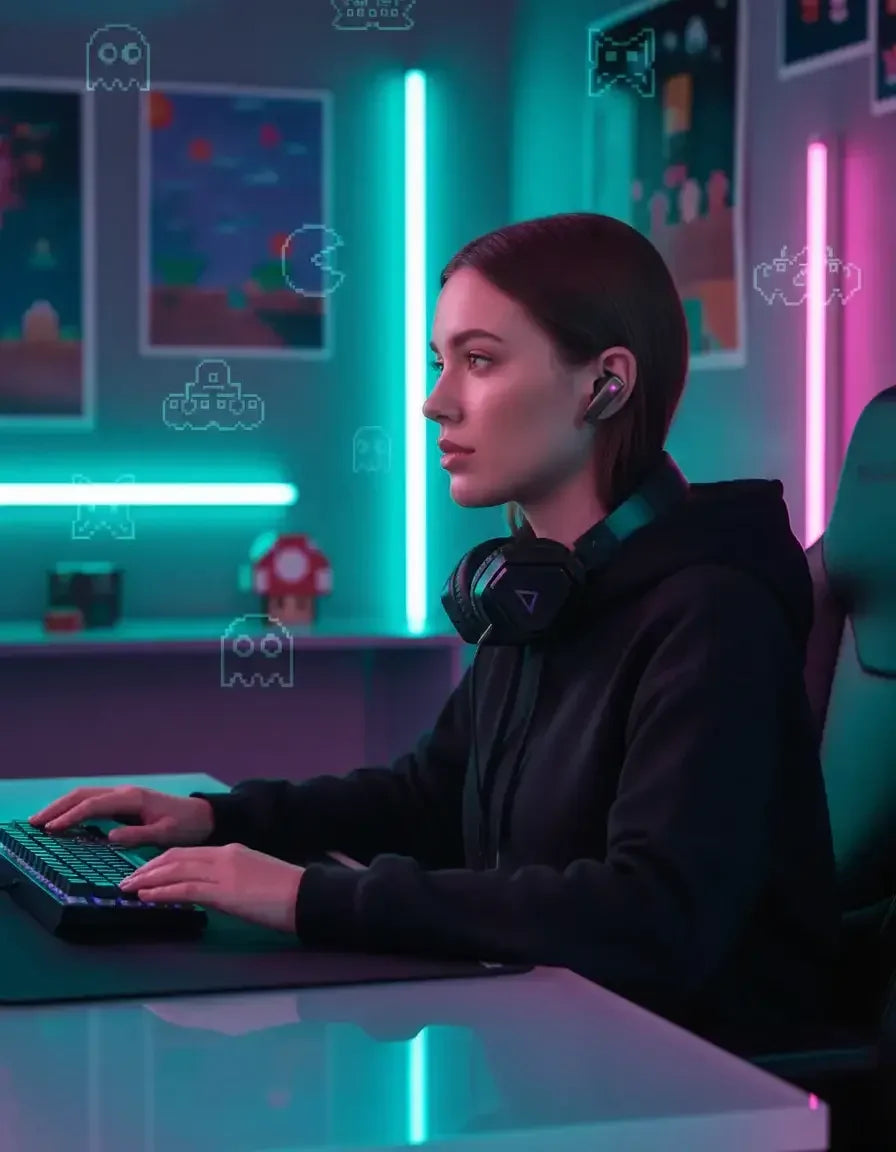 Woman gamer at RGB-lit desk with headphones, neon lights, and retro video game decor