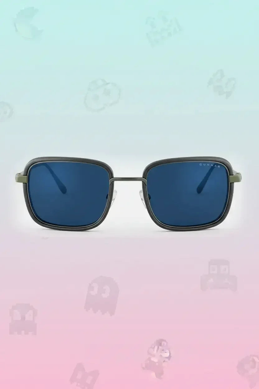 Rectangular blue-lens sunglasses with black and olive green frame on gradient background
