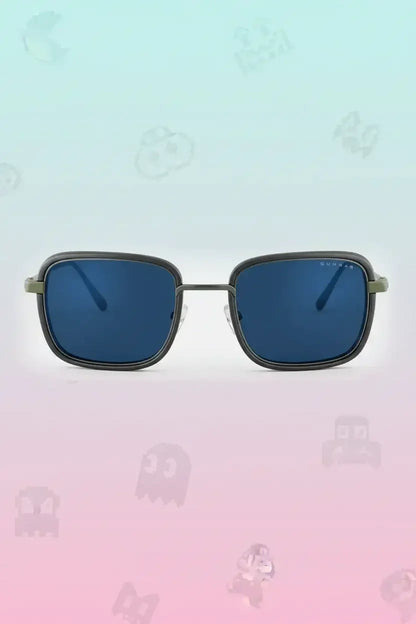 Rectangular blue-lens sunglasses with black and olive green frame on gradient background
