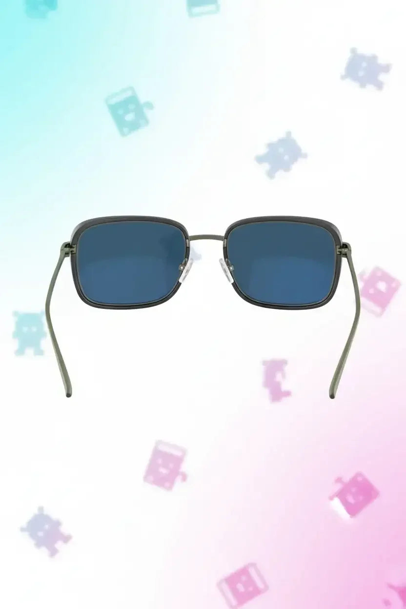 Stylish square-frame sunglasses with dark blue lenses on a pastel gradient background