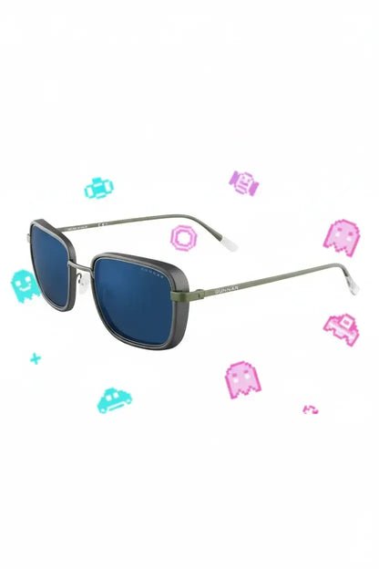 Stylish Gunnar blue lens sunglasses with green and black frame and pixel art ghosts background