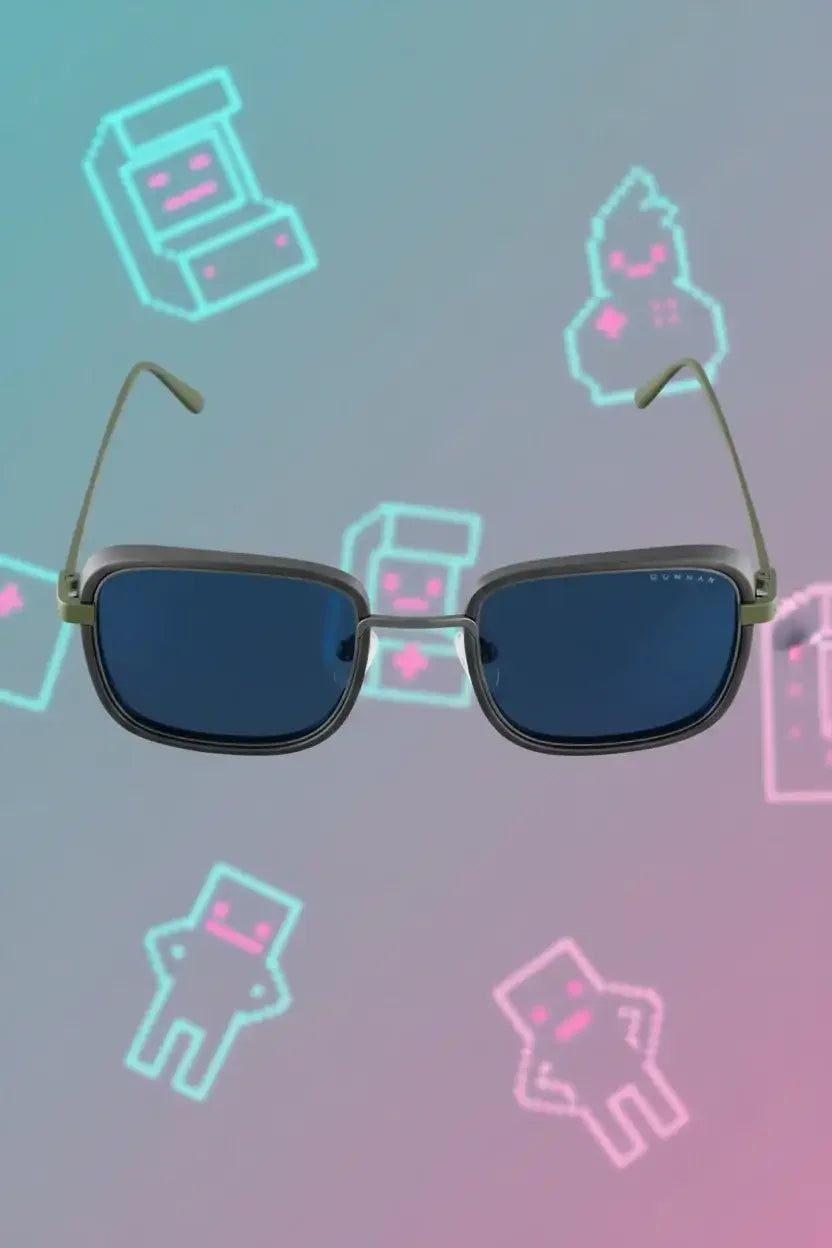 Rectangular blue sunglasses with green temples on a background of neon pixel art characters