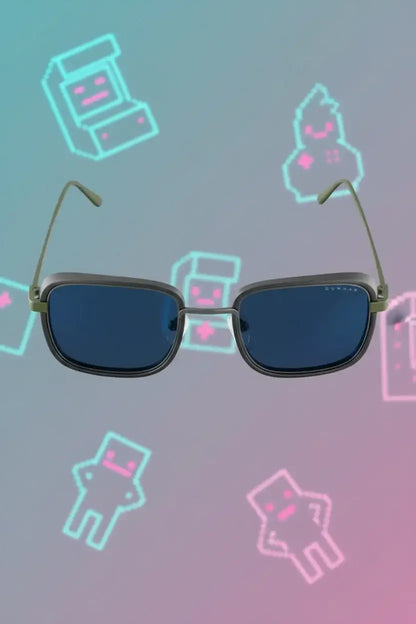 Rectangular blue sunglasses with green temples on a background of neon pixel art characters