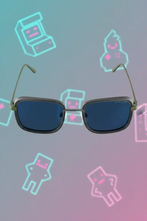 Rectangular blue sunglasses with green temples on a background of neon pixel art characters