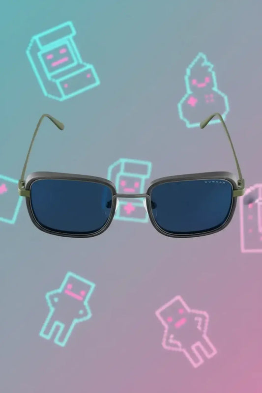 Rectangular blue sunglasses with green temples on a background of neon pixel art characters