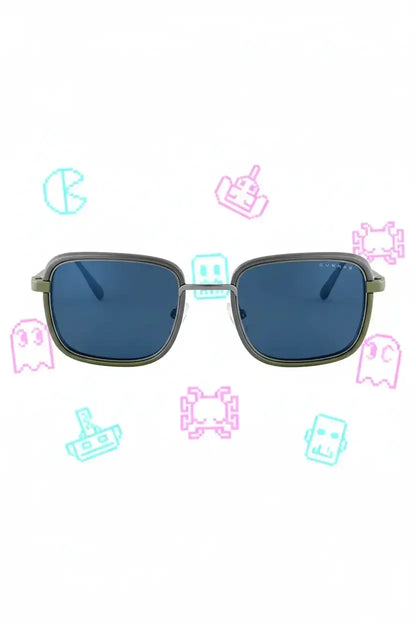 Stylish rectangular sunglasses with blue lenses and gray-green frames on white background with pixel art gaming icons