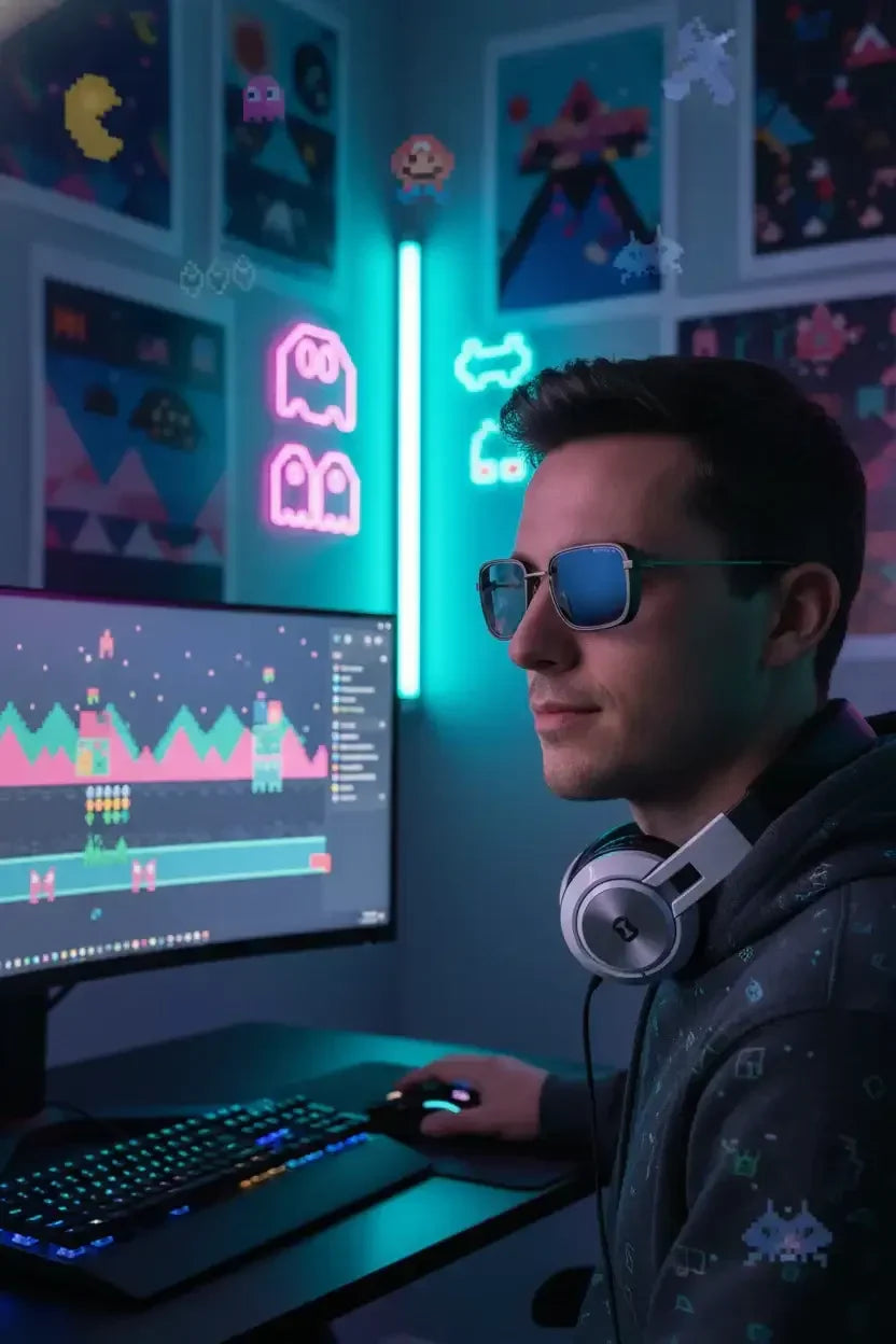 Gamer with headphones playing pixel art video game on PC in retro neon-lit room