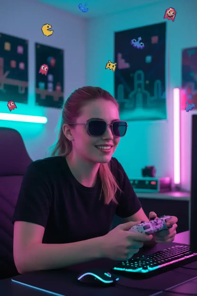 Young woman gaming with controller and neon lights, retro pixel game characters floating around