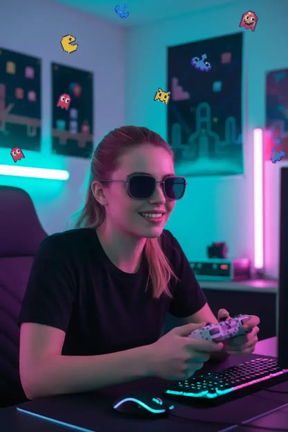 Young woman gaming with controller and neon lights, retro pixel game characters floating around