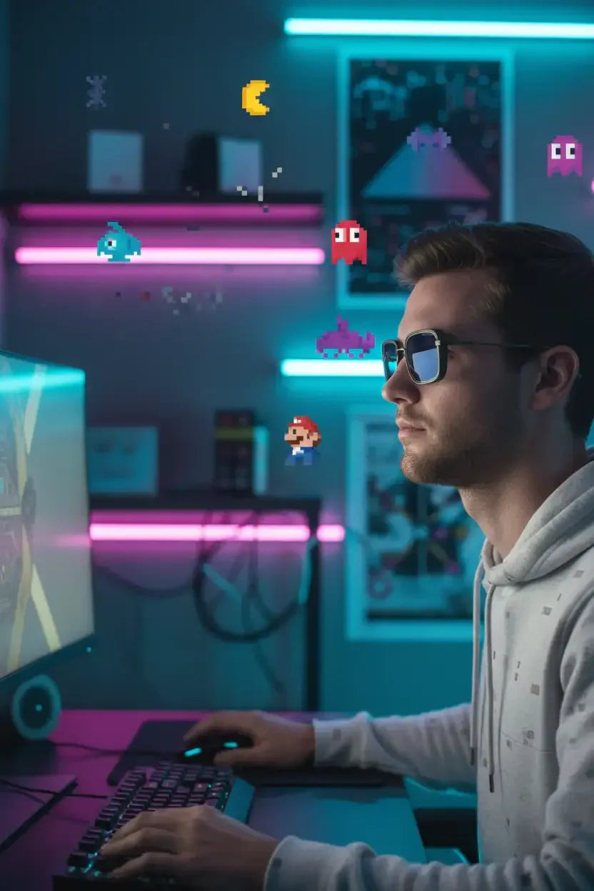 Young man wearing glasses playing video games on PC with retro pixel art characters floating in neon-lit gaming room