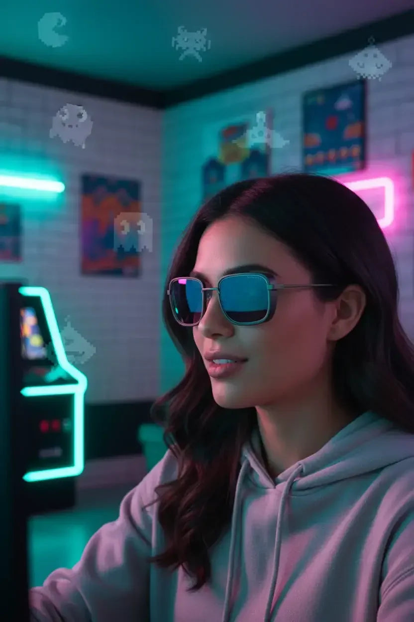 Young woman wearing sunglasses in neon-lit retro arcade room with pixel art and gaming machines